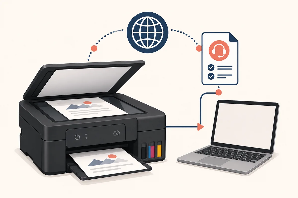 Editorial illustration of a generic ink-tank printer, official support route and laptop ready for a Canon G2010 scan
