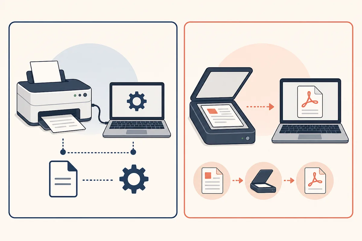 Editorial comparison showing a printer driver setup on one side and a document scanning workflow on the other