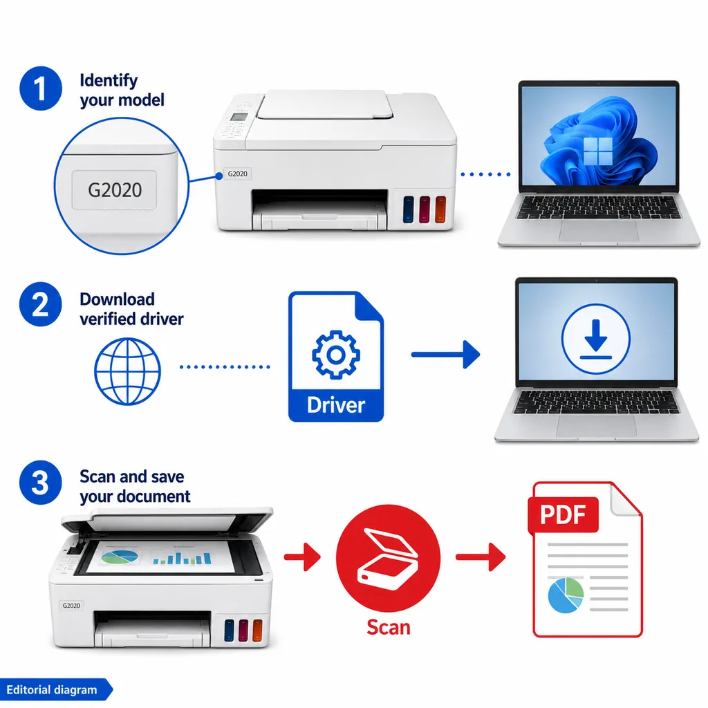 Editorial diagram showing a Canon G2020 model check, verified driver download and saved scan; not an official Canon screenshot