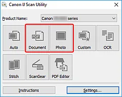 Official Canon IJ Scan Utility document and photo settings screenshot from the G2020 series manual