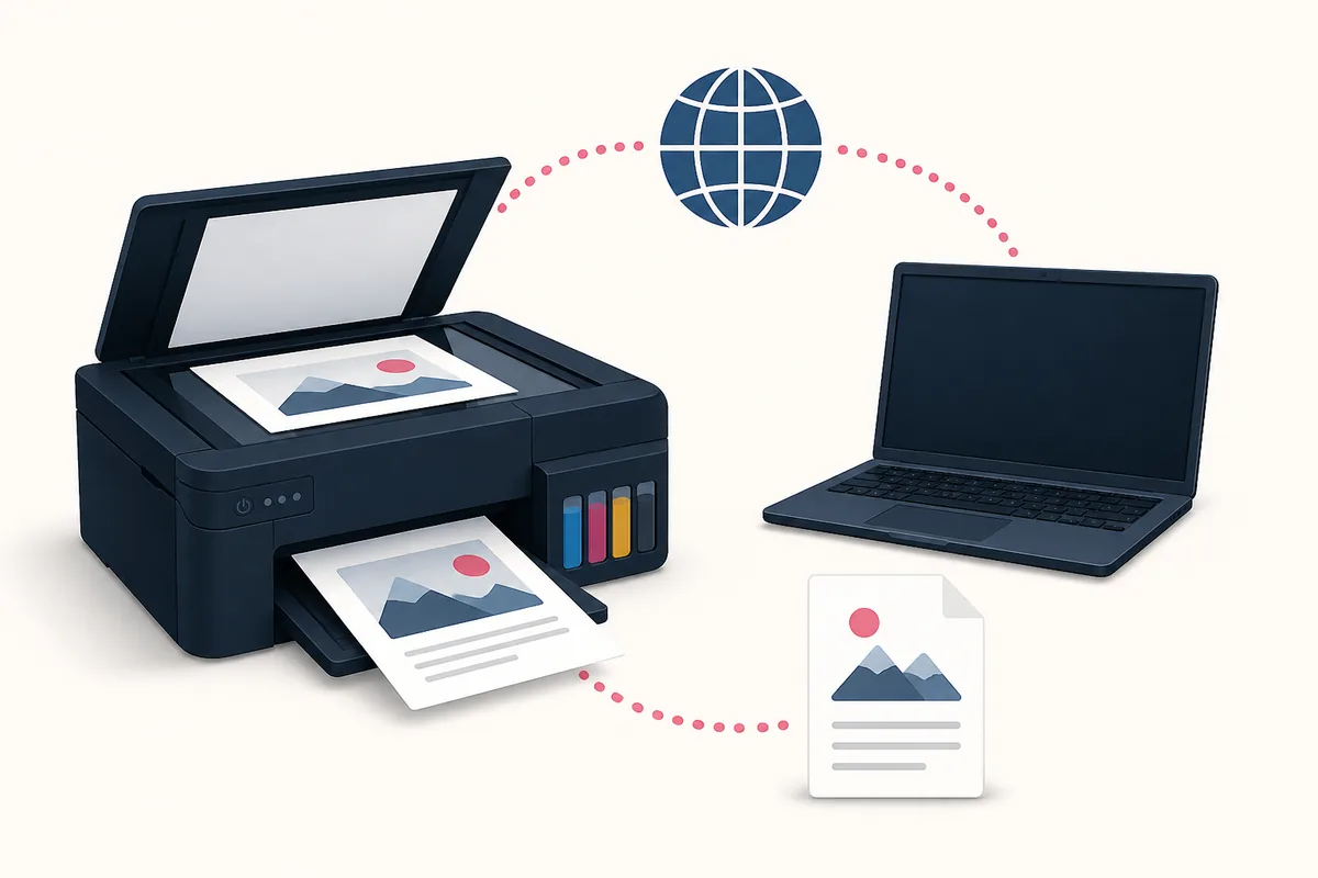 Editorial illustration of a Canon G3000-style printer, a regional support route and a completed scan