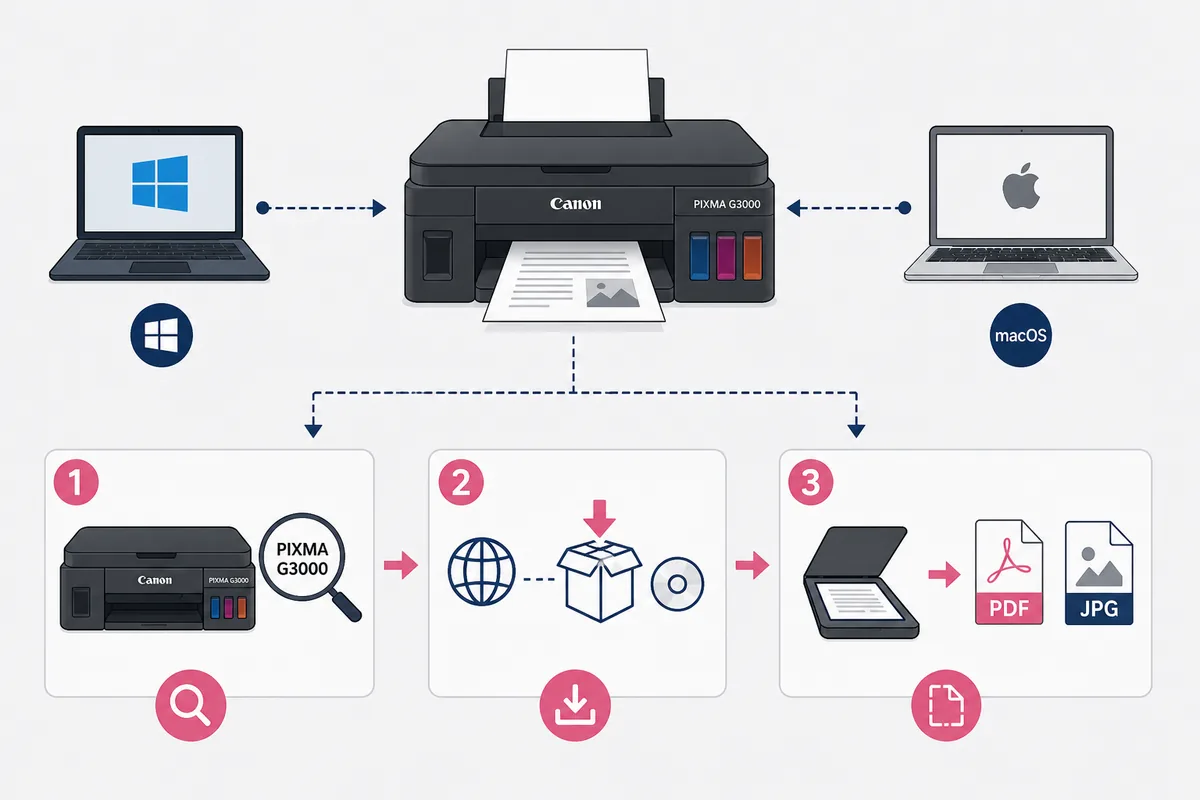 Editorial flow showing a G3000-style printer connecting to Windows or macOS before a scan is saved