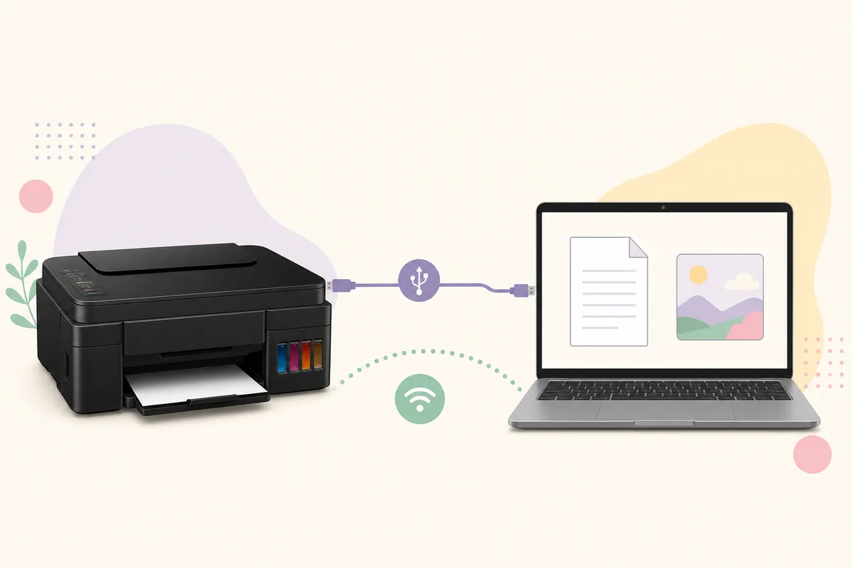 Editorial illustration of a Canon G3010 printer connected to a laptop by USB and Wi-Fi paths