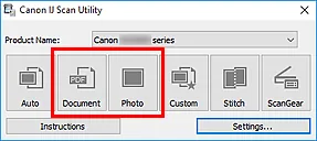 Official Canon IJ Scan Utility screen showing document, photo, custom and ScanGear modes