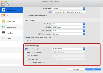 Official Canon MF Scan Utility application settings for opening or sending scan results