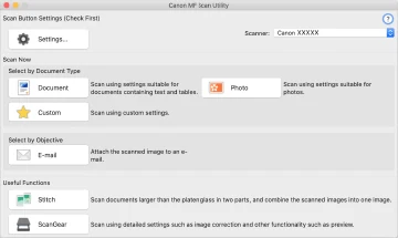 Official Canon MF Scan Utility main screen with Document, Photo, Custom, Stitch, ScanGear and E-mail options