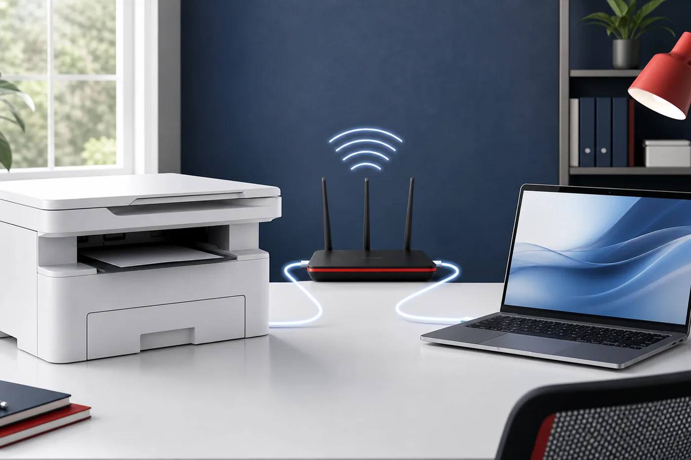 Illustration of a printer, local network and laptop used for a Canon scan