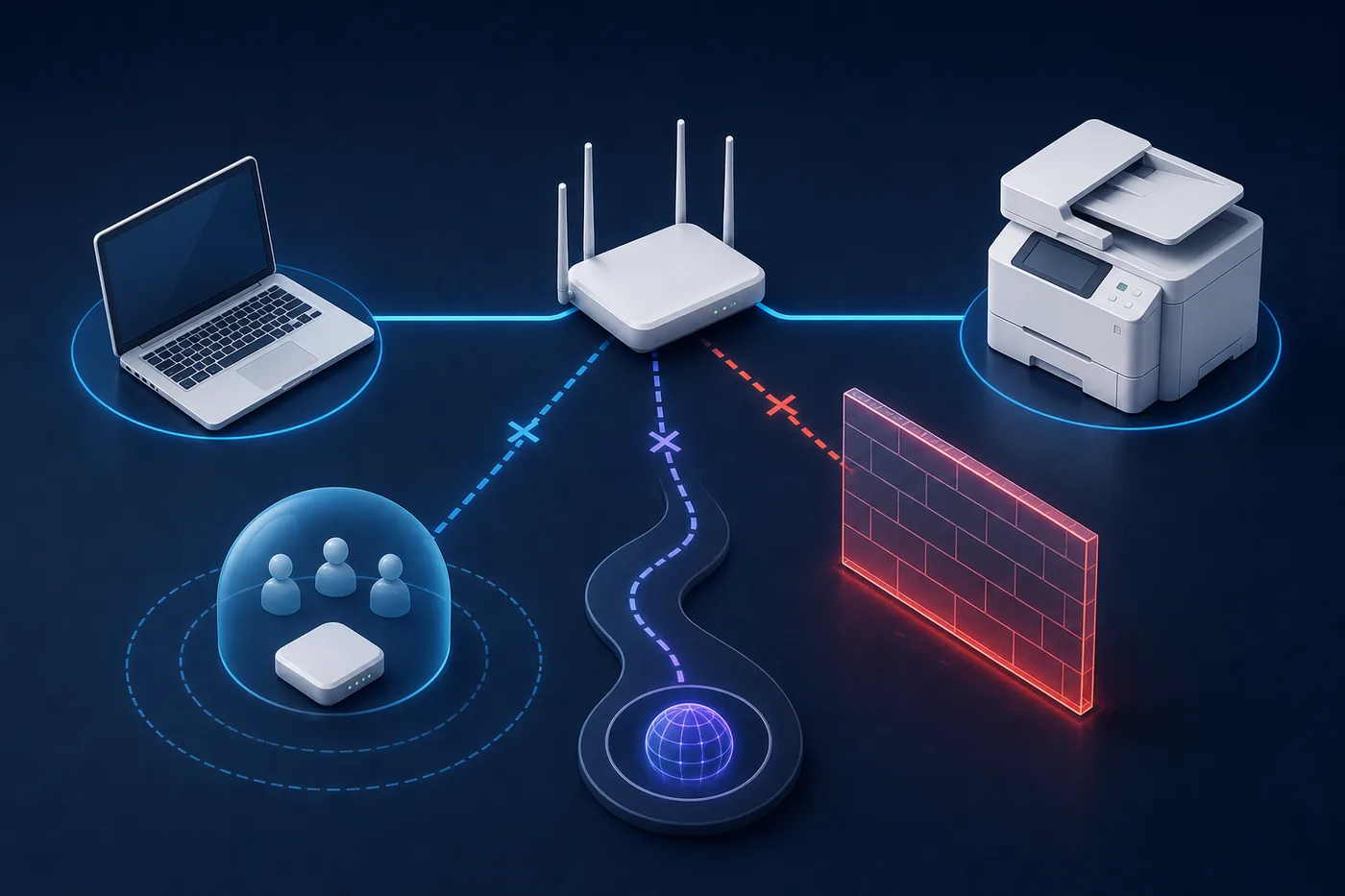 Illustration of a printer sending a scan to a computer while a network path is checked