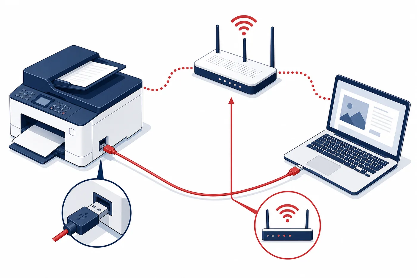 Illustration of selecting a network scanner while a laptop and printer share a router