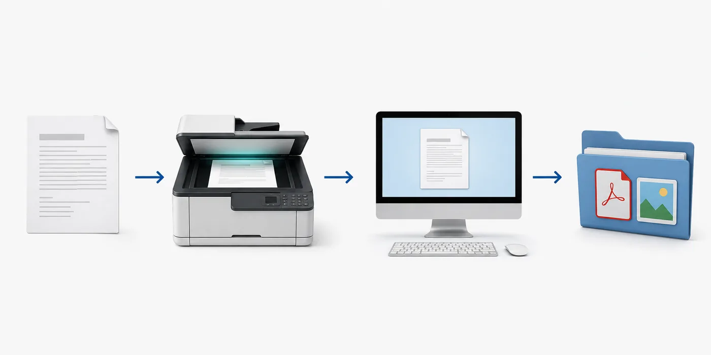 Parcours illustré du document vers le scanner puis vers un PDF enregistré sur l’ordinateur