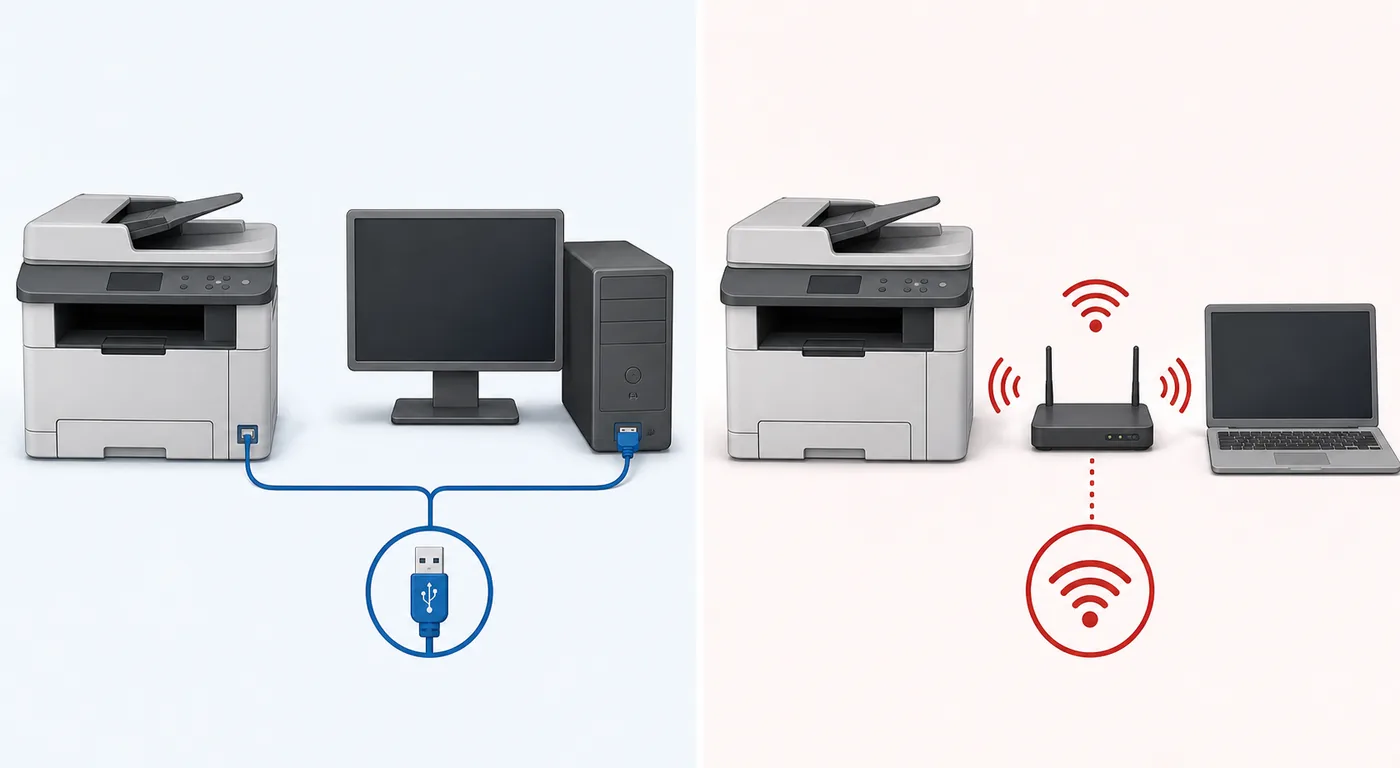 Illustration comparant une connexion de scanner USB et une connexion Wi‑Fi